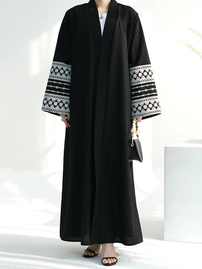 Open Abaya With Embroidered Sleeves - Black (clearance item online only)