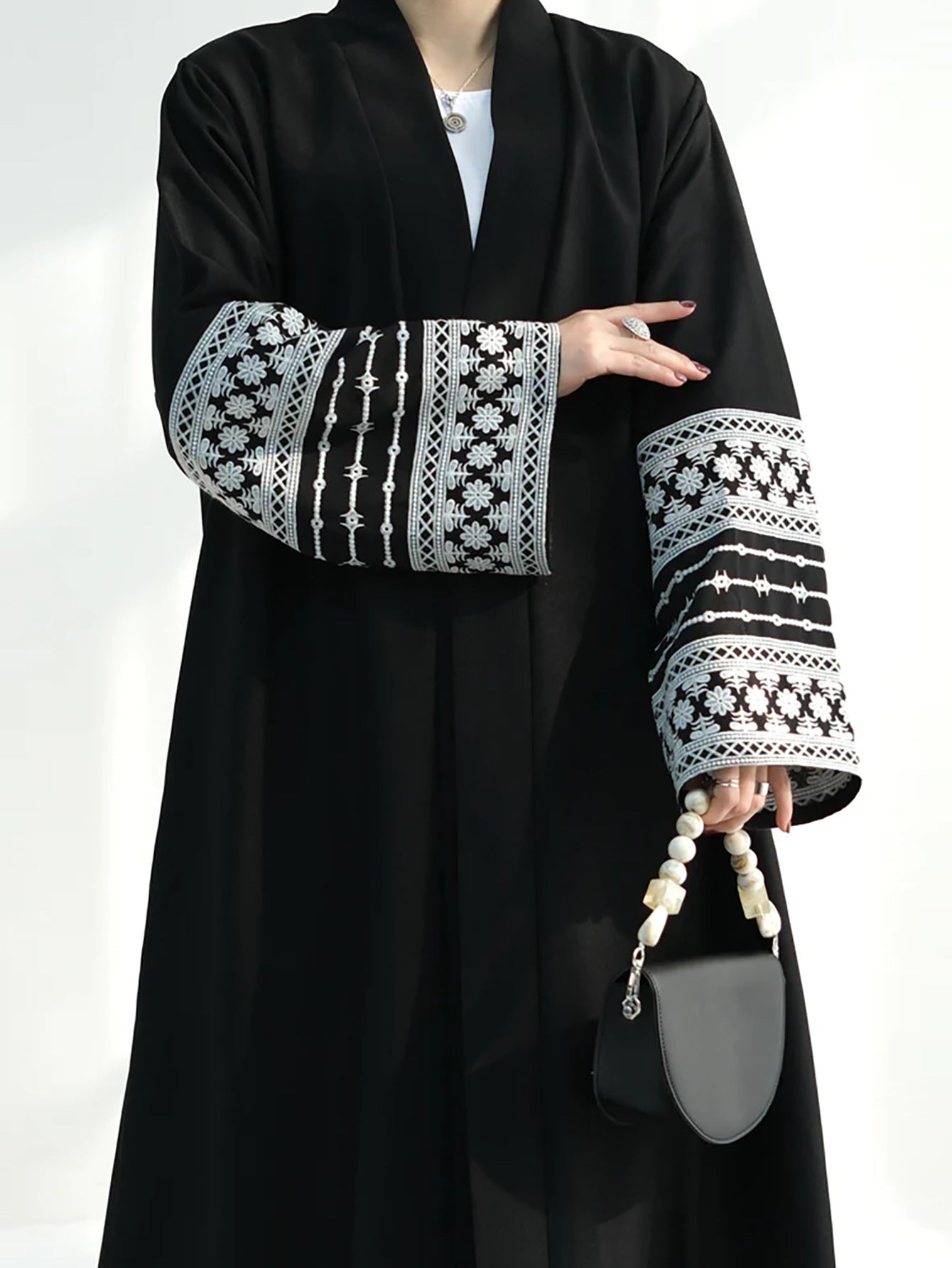 Open Abaya With Embroidered Sleeves - Black (clearance item online only)