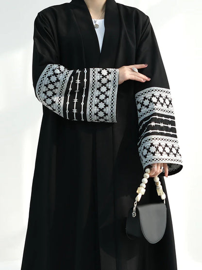 Open Abaya With Embroidered Sleeves - Black (clearance item online only)