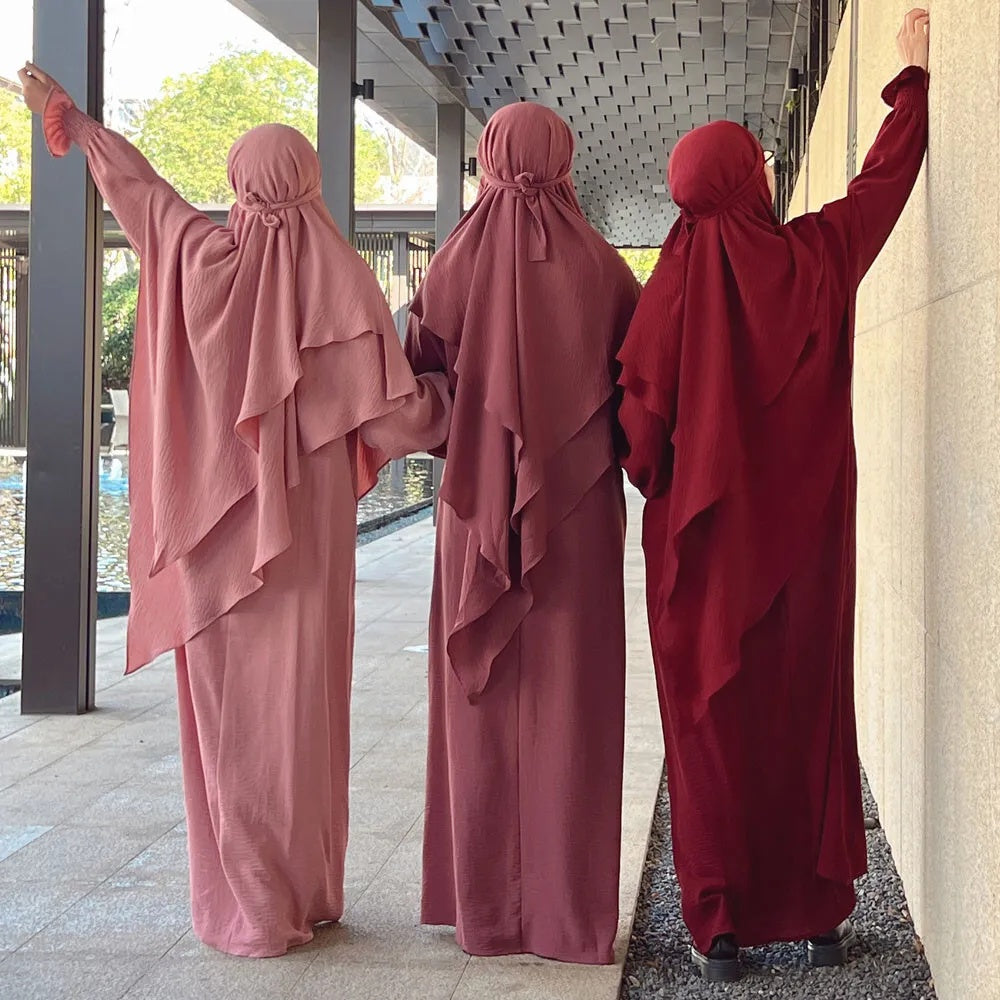 Blush Pink Crepe Crinkle Abaya With Khimar Set - clearance online only