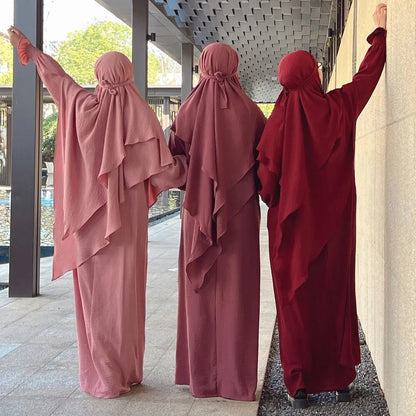Blush Pink Crepe Crinkle Abaya With Khimar Set - clearance online only