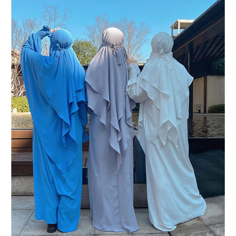 Sky Blue Crepe Crinkle Abaya With Khimar Set - clearance online only