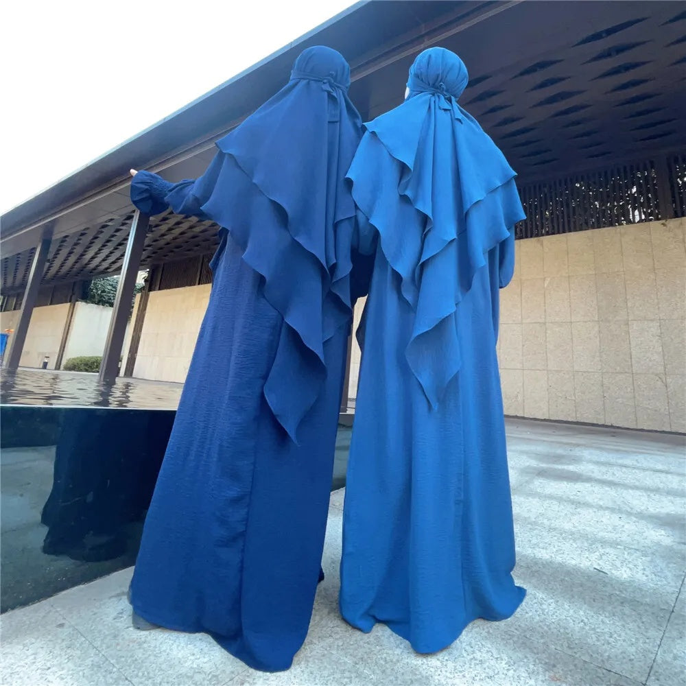 Dusty Royal Blue Crepe Crinkle Abaya With Khimar Set - clearance online only