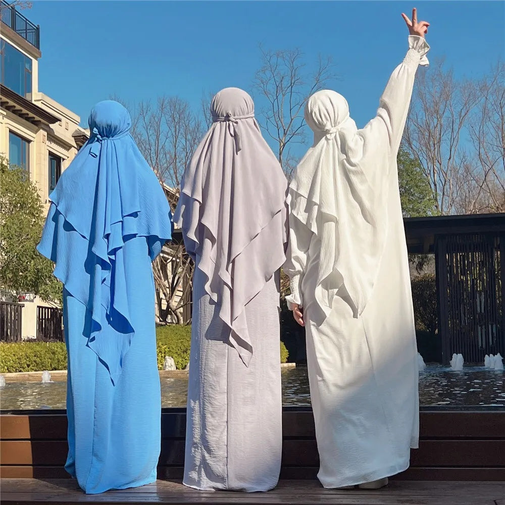 Sky Blue Crepe Crinkle Abaya With Khimar Set - clearance online only
