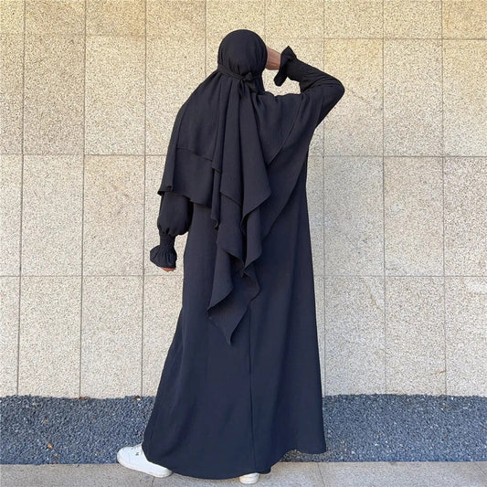 Black Crepe Crinkle Abaya With Khimar Set - clearance online only