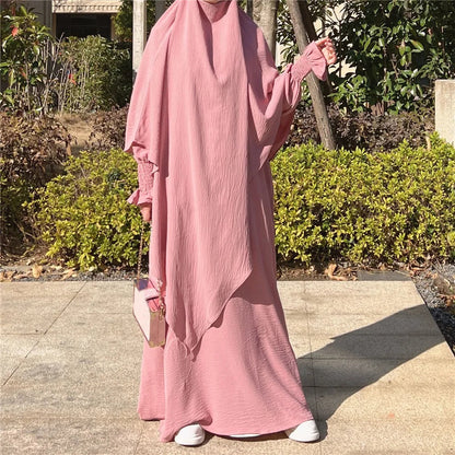 Blossom Pink Crepe Crinkle Abaya With Khimar Set - clearance online only