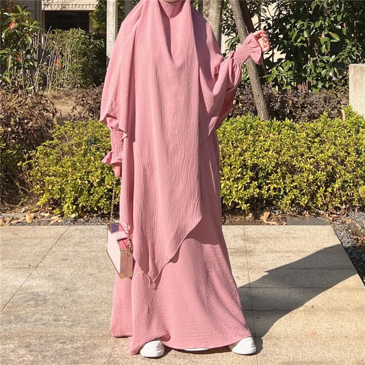 Blossom Pink Crepe Crinkle Abaya With Khimar Set - clearance online only