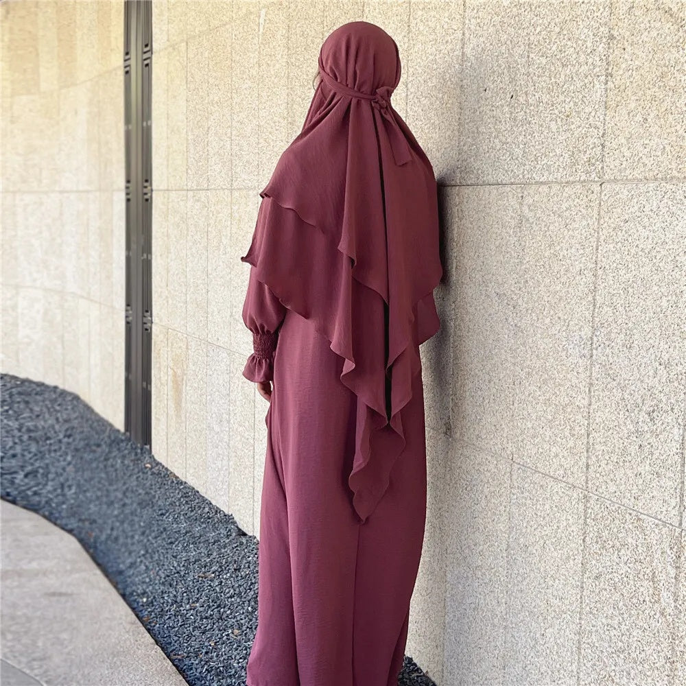 Blush Pink Crepe Crinkle Abaya With Khimar Set - clearance online only