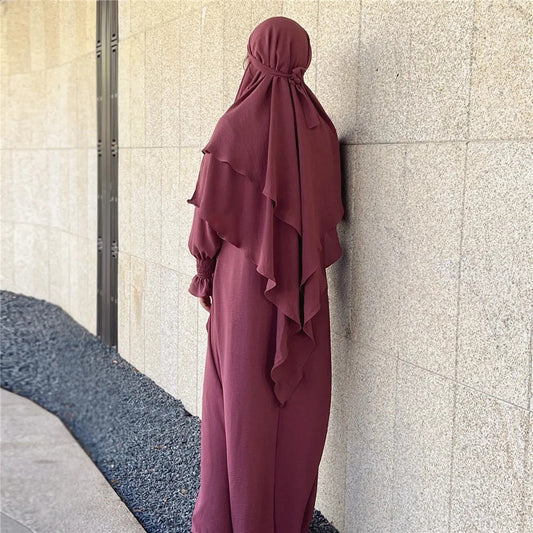 Blush Pink Crepe Crinkle Abaya With Khimar Set - clearance online only