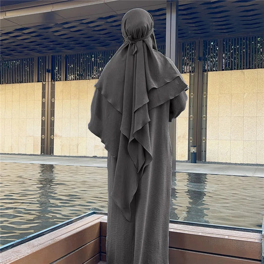 Dark Grey Crepe Crinkle Abaya With Khimar Set - clearance online only