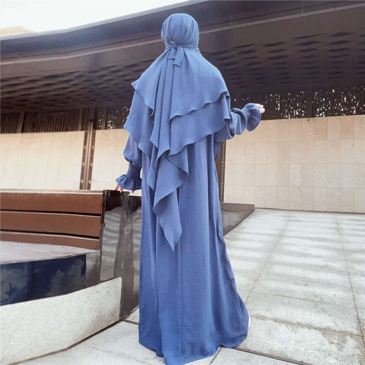 Dusty Royal Blue Crepe Crinkle Abaya With Khimar Set - clearance online only