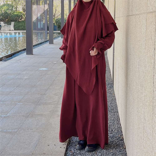 Maroon Crepe Crinkle Abaya With Khimar Set - clearance online only