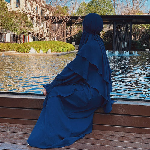 Navy Crepe Crinkle Abaya With Khimar Set - clearance online only