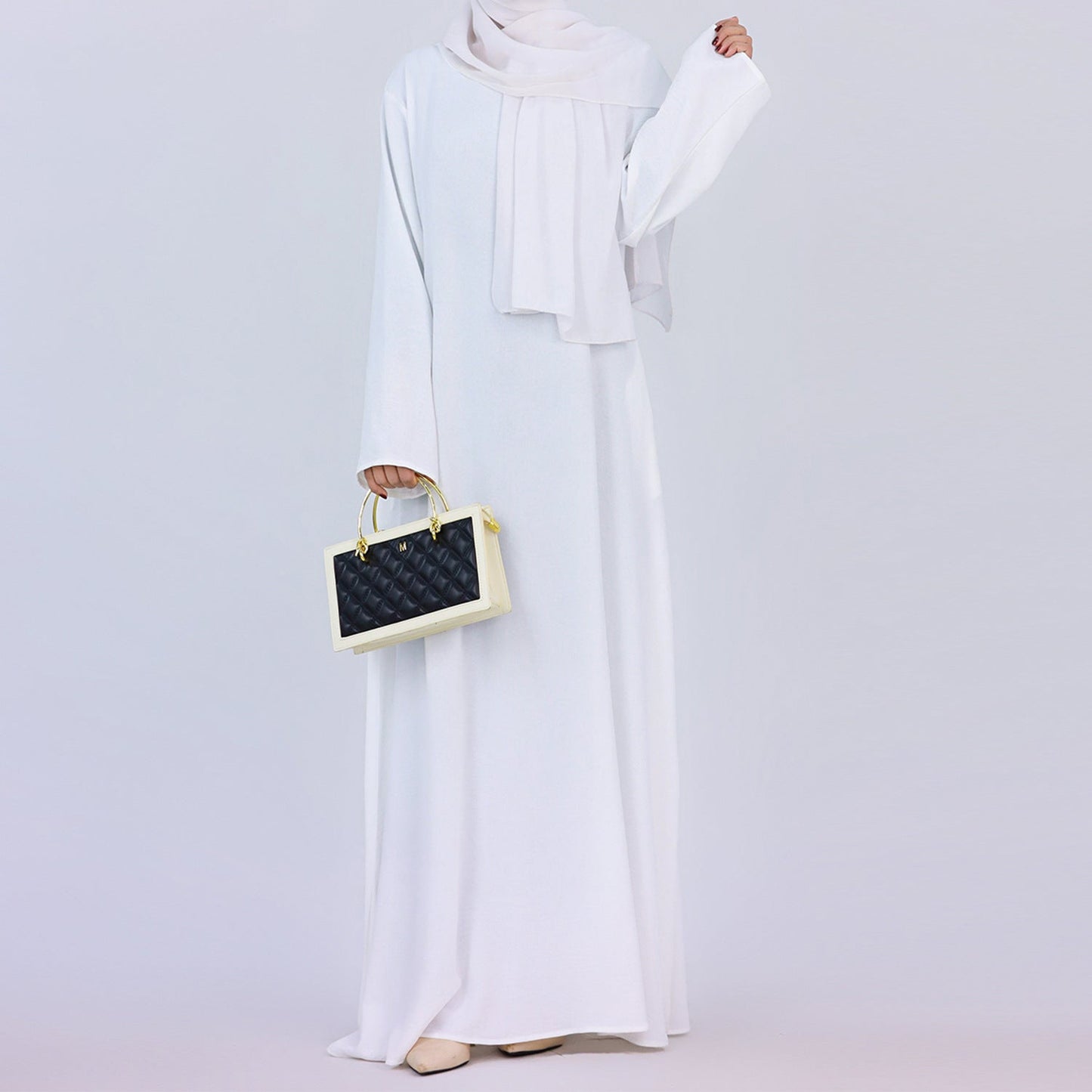 Crepe Plain Abaya in White (as Inner Only - Long Sleeves) Clearance Item online only