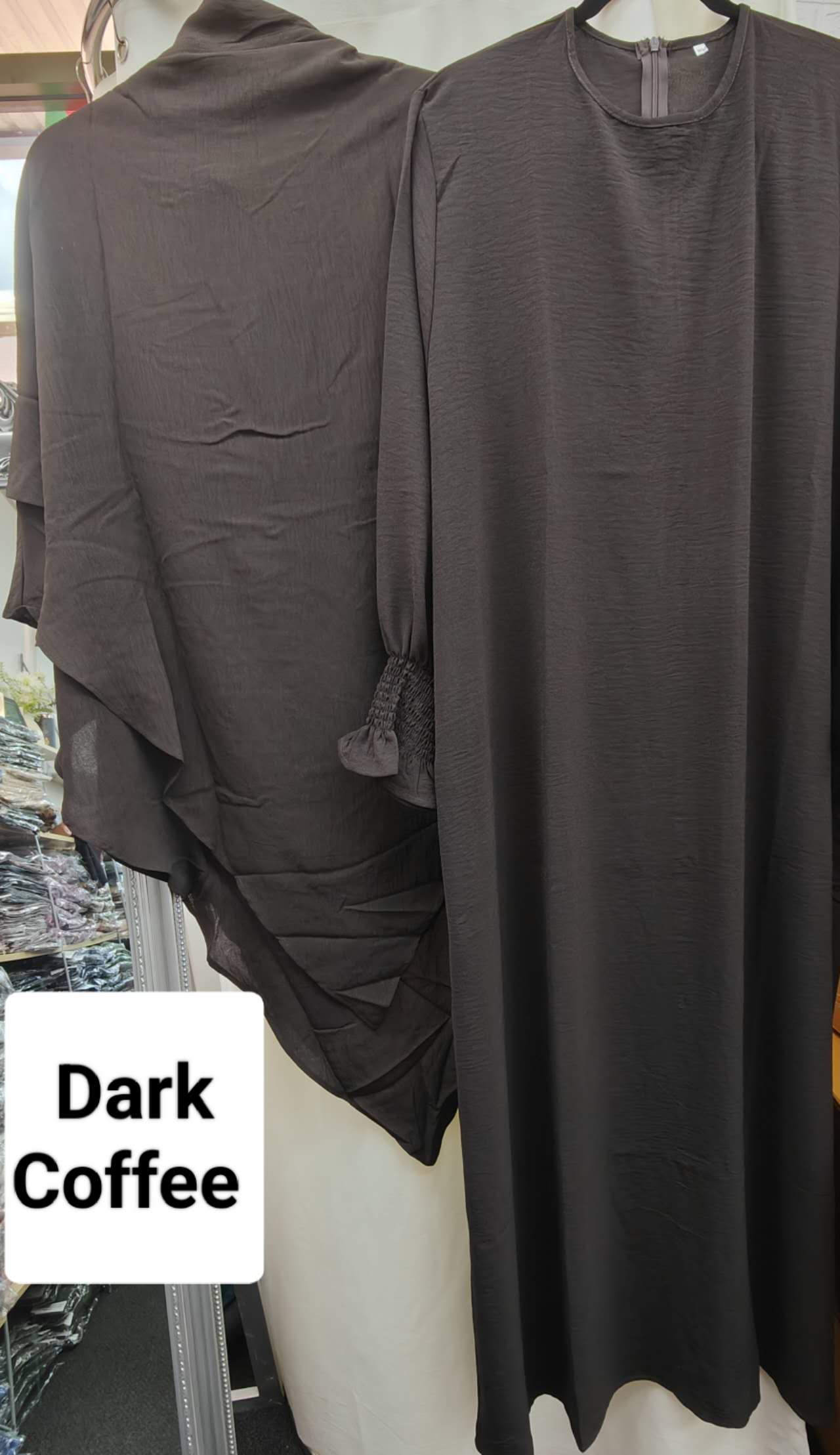 Dark Coffee Crepe Crinkle Abaya With Khimar Set - clearance online only