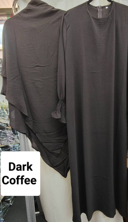 Dark Coffee Crepe Crinkle Abaya With Khimar Set - clearance online only