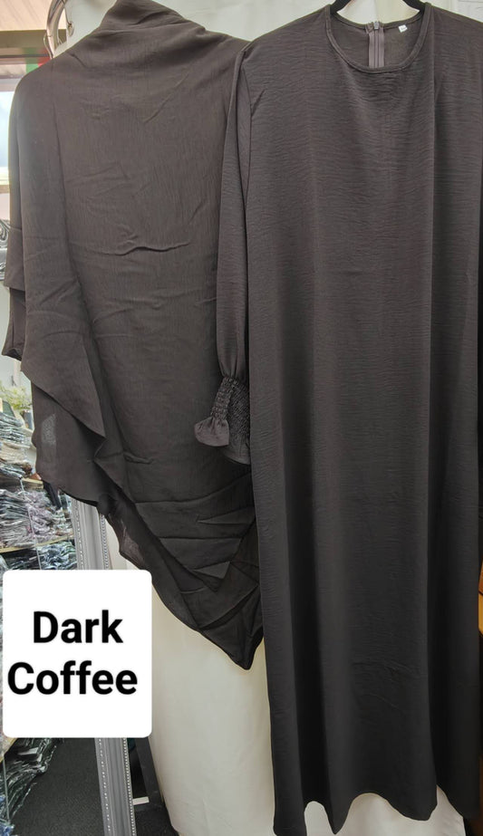 Dark Coffee Crepe Crinkle Abaya With Khimar Set - clearance online only