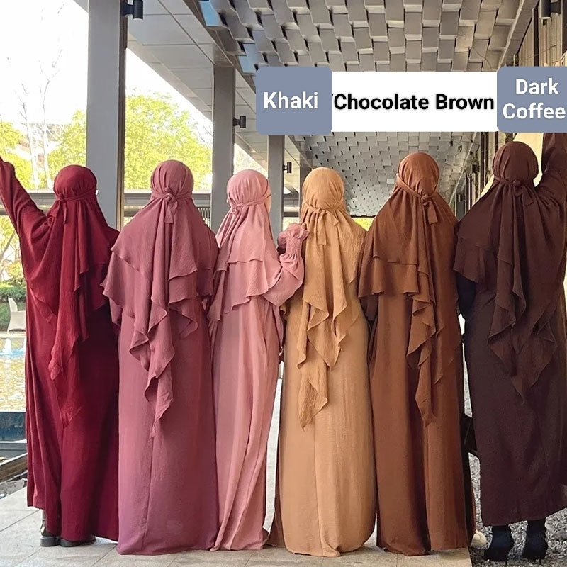 Dark Coffee Crepe Crinkle Abaya With Khimar Set - clearance online only