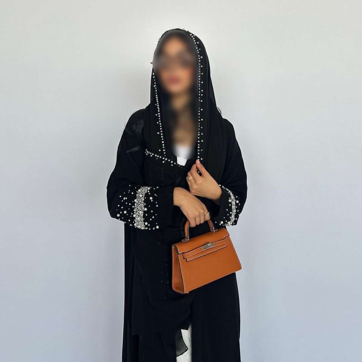 Decorative Open Abaya With Matching Hijab - Black