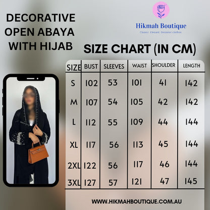 Decorative Open Abaya With Matching Hijab - Black