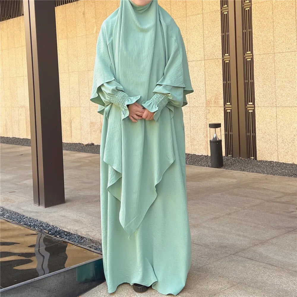 Dusty Green Crepe Crinkle Abaya With Khimar Set - clearance online only