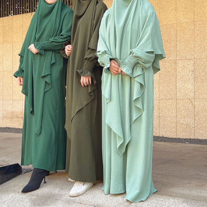Dusty Green Crepe Crinkle Abaya With Khimar Set - clearance online only
