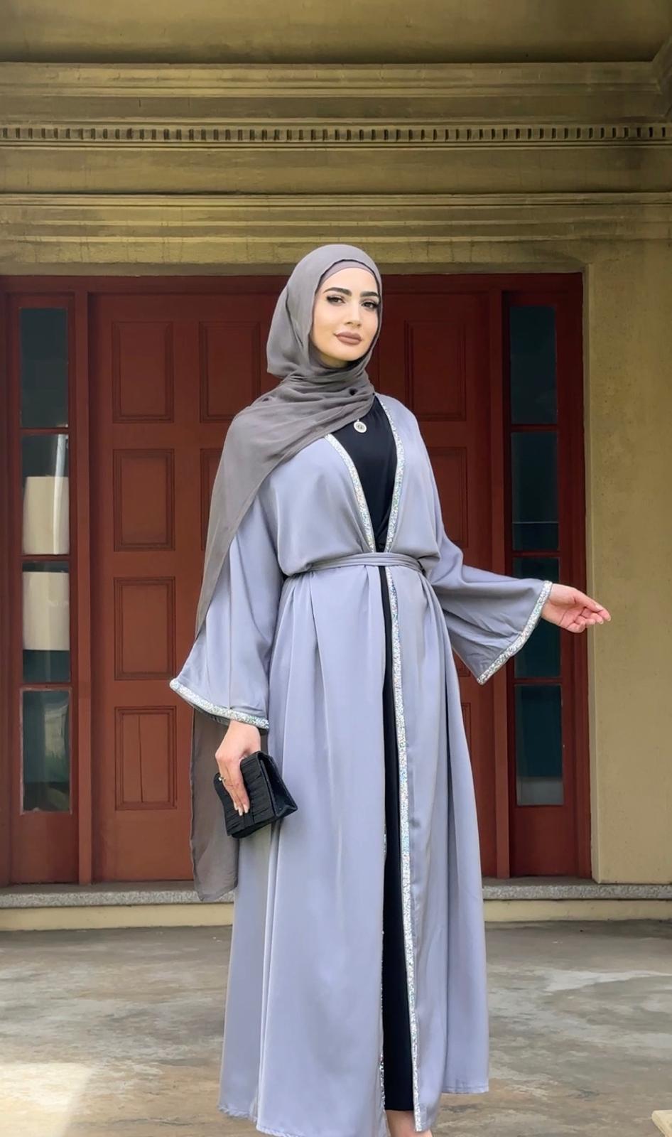 Eid Satin Open Abaya With Decorative Borders - clearance item online only