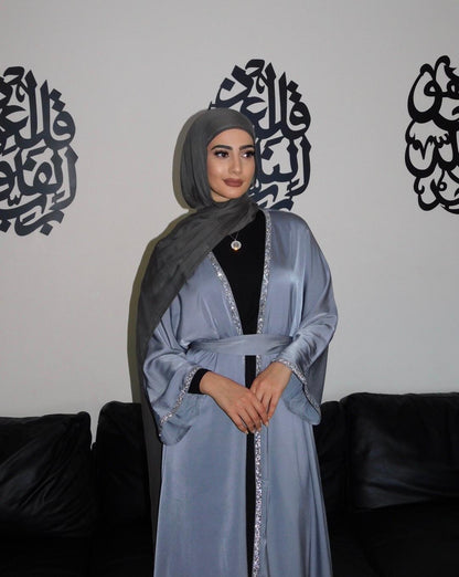 Eid Satin Open Abaya With Decorative Borders - clearance item online only