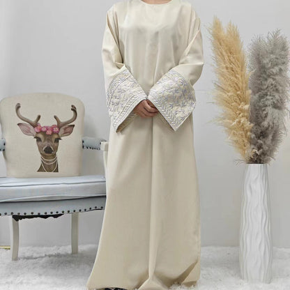 Elegant Closed Abaya With Embroidered Sleeves in Cream Waffle - clearance online only