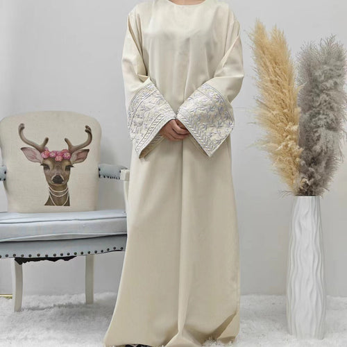 Elegant Closed Abaya With Embroidered Sleeves in Cream Waffle - clearance online only