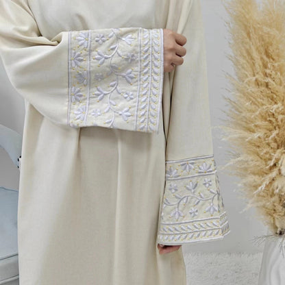Elegant Closed Abaya With Embroidered Sleeves in Cream Waffle - clearance online only