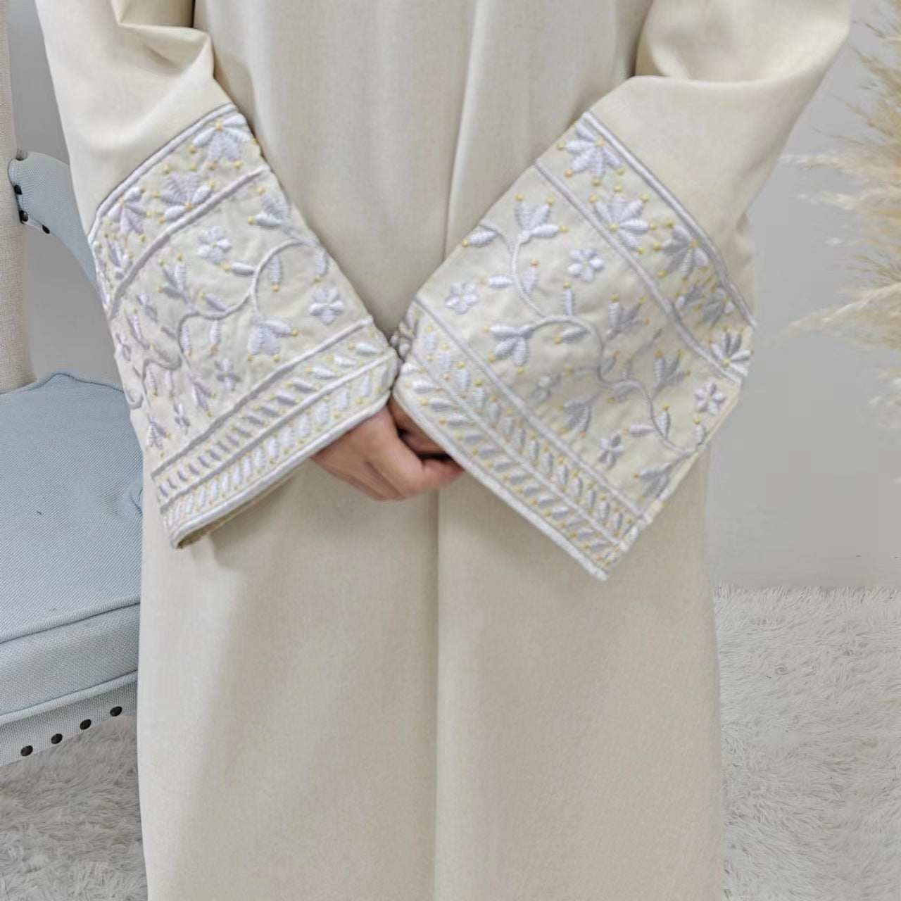 Elegant Closed Abaya With Embroidered Sleeves in Cream Waffle - clearance online only