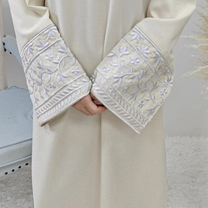 Elegant Closed Abaya With Embroidered Sleeves in Cream Waffle - clearance online only