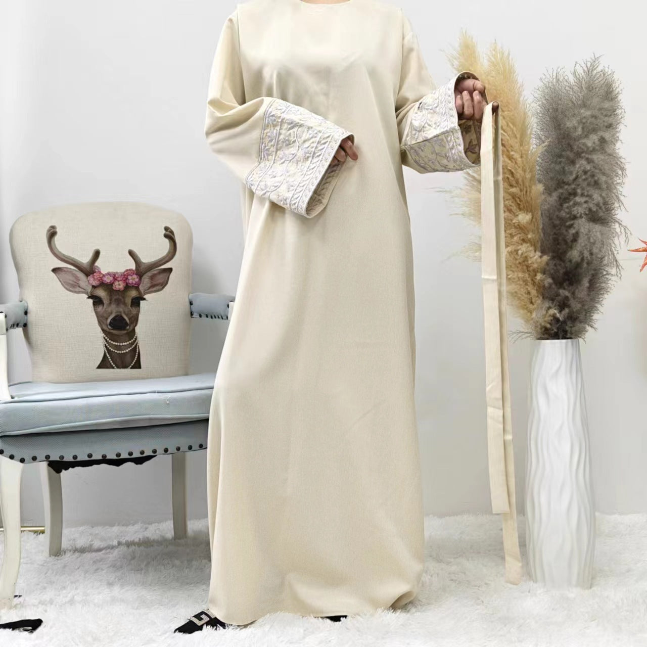 Elegant Closed Abaya With Embroidered Sleeves in Cream Waffle - clearance online only