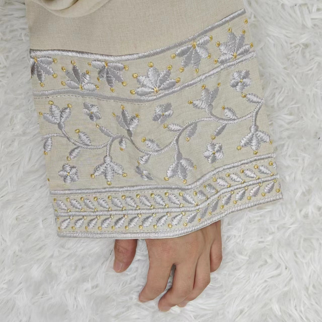 Elegant Closed Abaya With Embroidered Sleeves in Cream Waffle - clearance online only