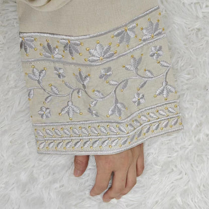 Elegant Closed Abaya With Embroidered Sleeves in Cream Waffle - clearance online only