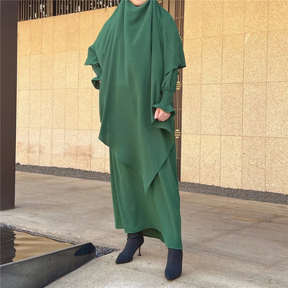 Emerald Green Crepe Crinkle Abaya With Khimar Set - clearance online only
