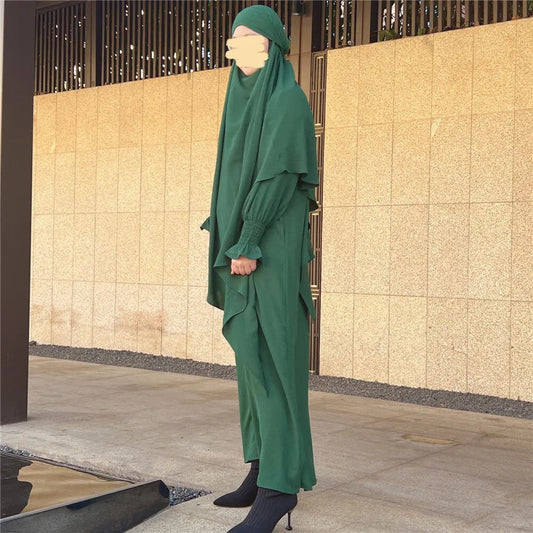 Emerald Green Crepe Crinkle Abaya With Khimar Set - clearance online only