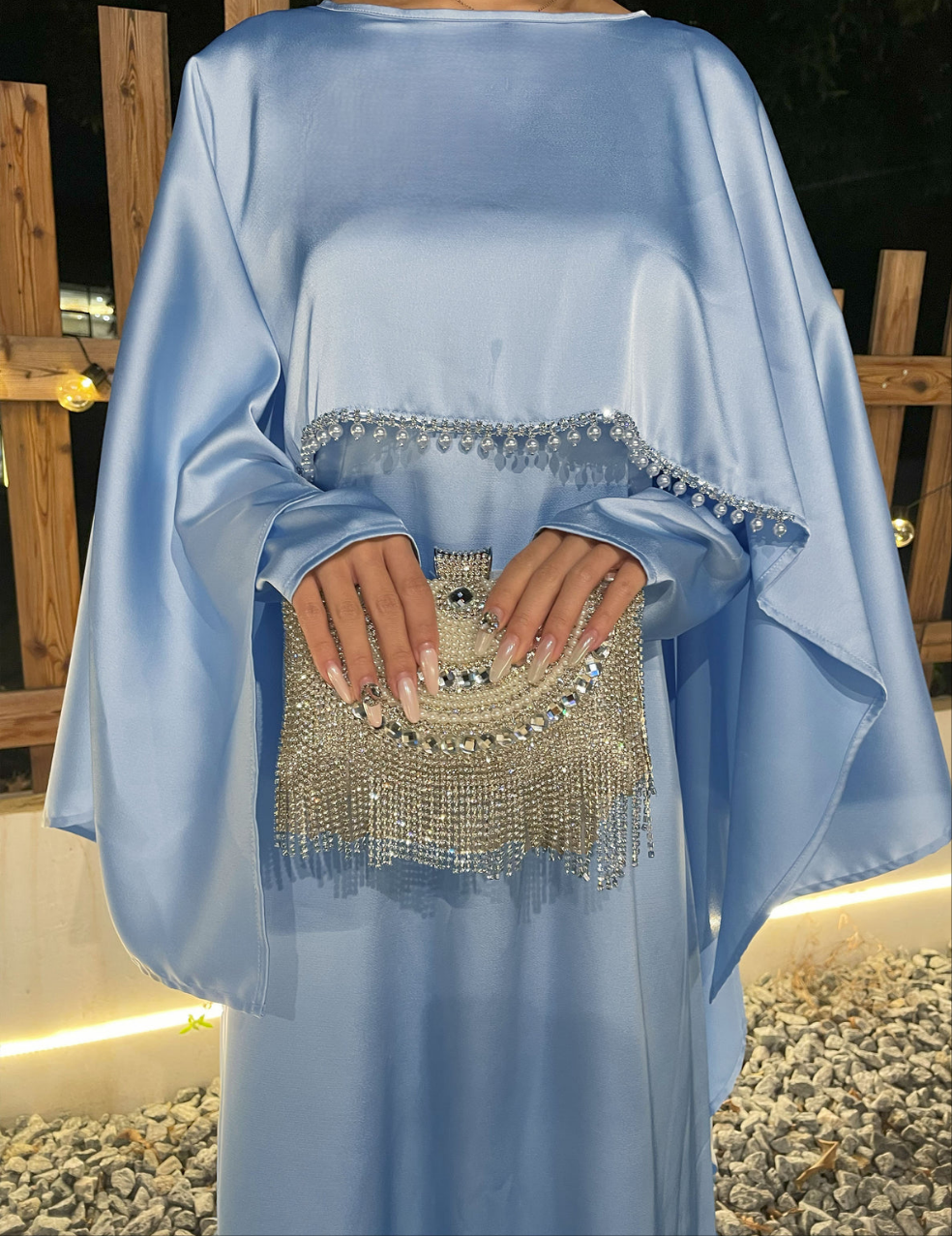Eid Dress Elegant Satin Cape Abaya | Modest Eid Dress with Pearl & Rhinestone in Dusty Sky Blue (clearance online only)