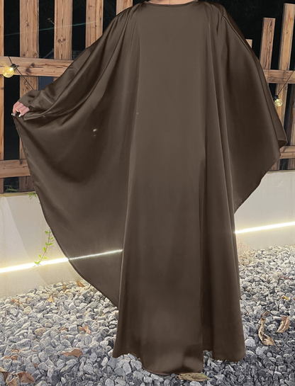 Eid Dress Elegant Satin Cape Abaya | Modest Eid Dress with Pearl & Rhinestone in Mocha (clearance online only)