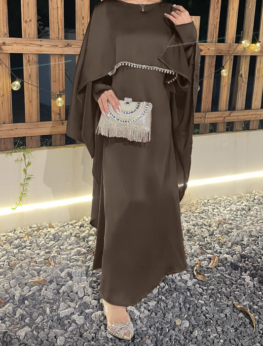Eid Dress Elegant Satin Cape Abaya | Modest Eid Dress with Pearl & Rhinestone in Mocha (clearance online only)