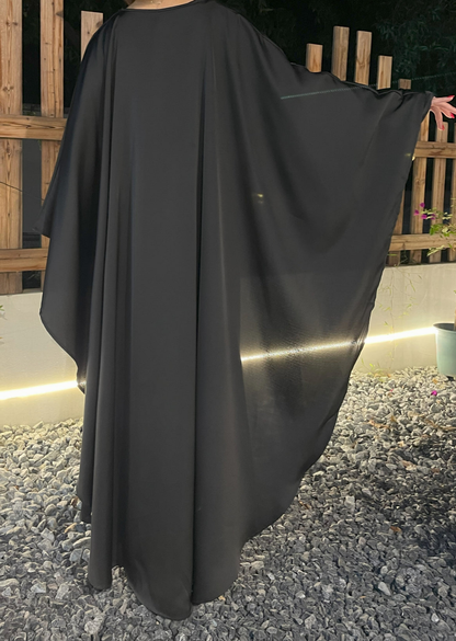 Eid Dress Elegant Satin Cape Abaya | Modest Eid Dress with Pearl & Rhinestone in Black (clearance online only)