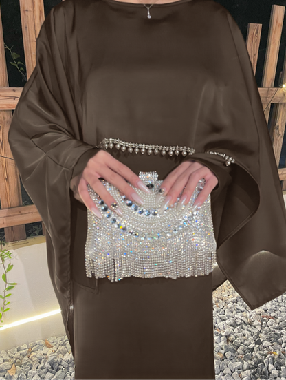 Eid Dress Elegant Satin Cape Abaya | Modest Eid Dress with Pearl & Rhinestone in Mocha (clearance online only)