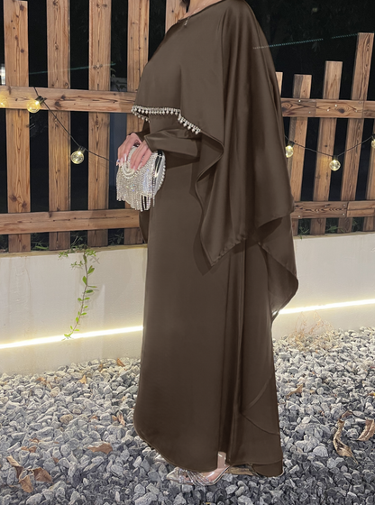 Eid Dress Elegant Satin Cape Abaya | Modest Eid Dress with Pearl & Rhinestone in Mocha (clearance online only)