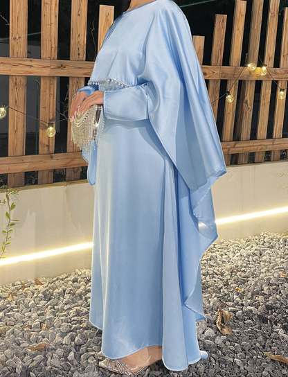 Eid Dress Elegant Satin Cape Abaya | Modest Eid Dress with Pearl & Rhinestone in Dusty Sky Blue (clearance online only)
