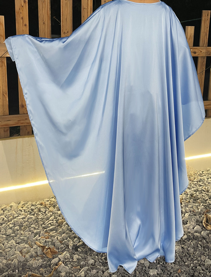 Eid Dress Elegant Satin Cape Abaya | Modest Eid Dress with Pearl & Rhinestone in Dusty Sky Blue (clearance online only)