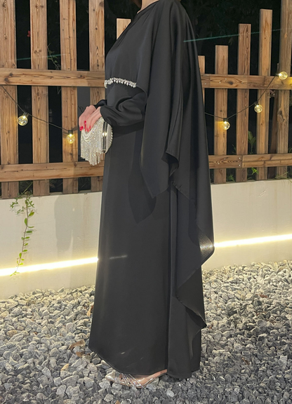 Eid Dress Elegant Satin Cape Abaya | Modest Eid Dress with Pearl & Rhinestone in Black (clearance online only)