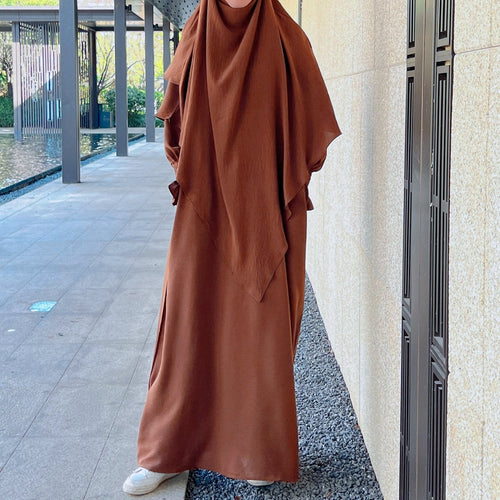 Chocolate Brown Crepe Crinkle Abaya With Khimar Set - clearance online only