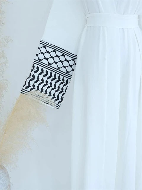 Keffiyeh Sleeve Abaya - White