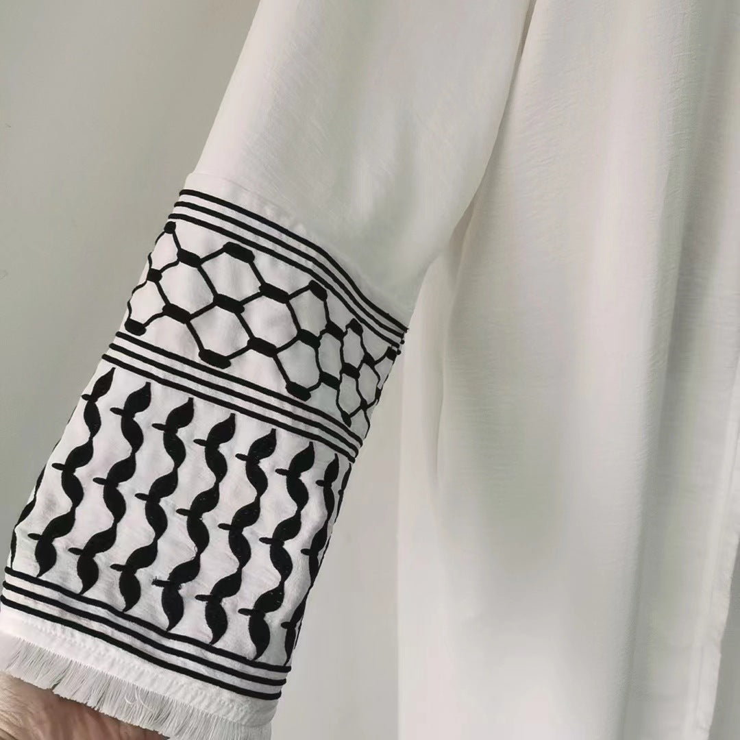 Keffiyeh Sleeve Open Abaya in White (clearance item online only)